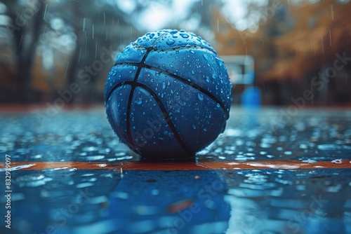 Water droplets cover a blue basketball on a shiny, reflective court surface, emphasizing sport and persistence