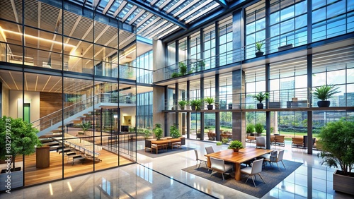 Modern office building interior with glass walls and high ceilings