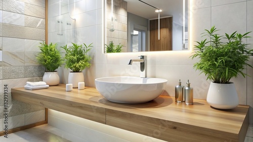 Elegant designer white basin in modern light bathroom