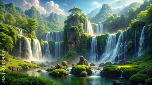 Majestic waterfall cascading down a lush green landscape, generated by AI