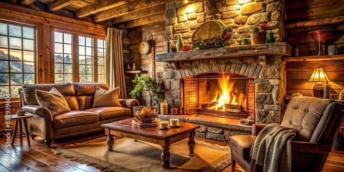 Cozy fireplace with crackling flames in a rustic living room