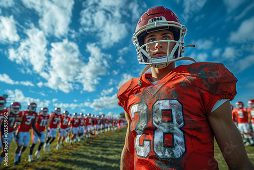 An American football player in a red uniform stands ready, with a team of players lined up in the background