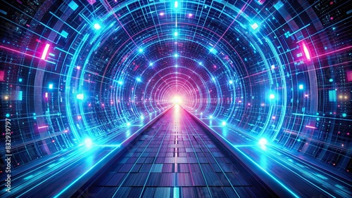 Futuristic digital tunnel with glowing light and streams of blue and pink data