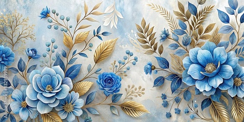 Decorative mural of blue flowers and golden leaves, perfect for wedding photo album backdrop
