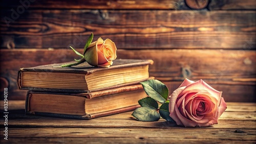Vintage books and a single rose on a wooden table