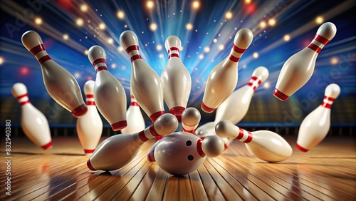 10 bowling skittles falling in a