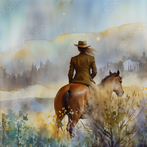 View from behind of a woman riding a horse towards a misty landscape. Watercolor painting style with a soft, blended background. Outdoor adventure and exploration concept. 