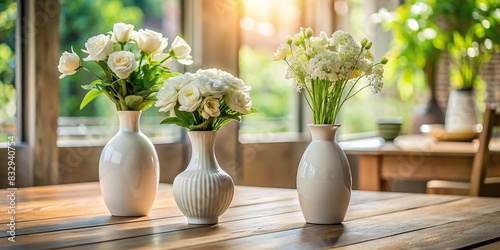 Two elegant white flower vases sitting on a wooden table