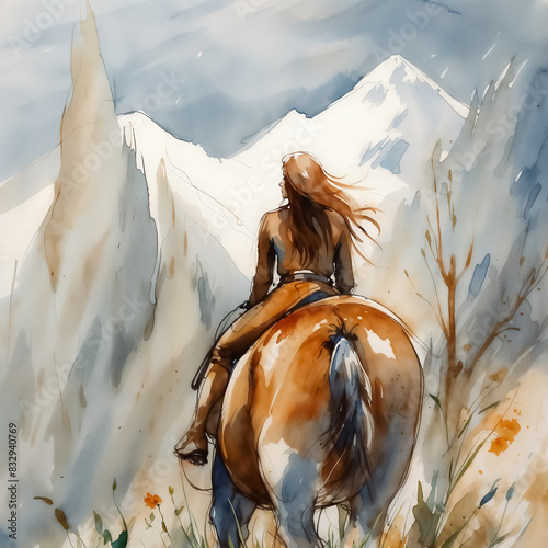 View from behind of a woman riding a horse towards a misty landscape. Watercolor painting style with a soft, blended background. Outdoor adventure and exploration concept. 
