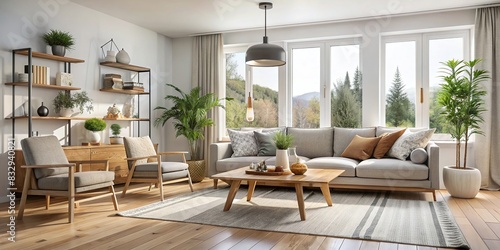 Cozy Nordic style modern living room with minimalist furniture and calming neutral tones