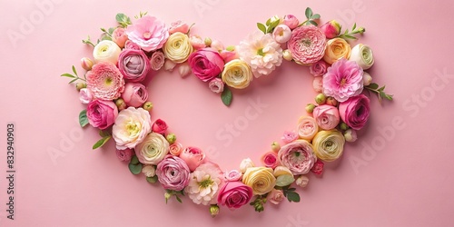 Heart shape frame made of pink roses, ranunculus, and buttercups on a pastel pink background
