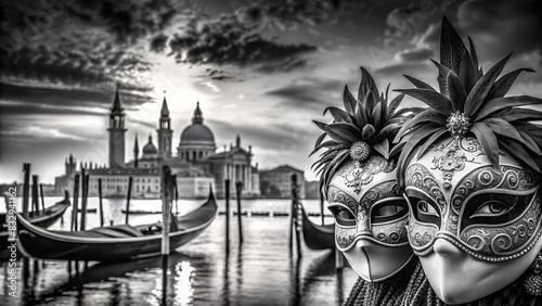Venetian masquerade mask silhouettes in elegant black and white set against Venice scenery