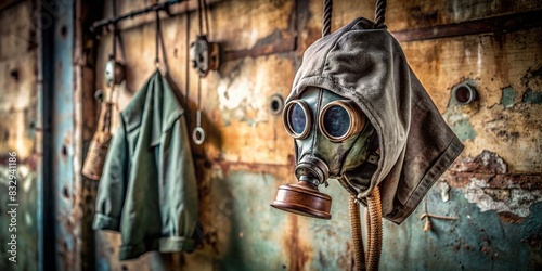 Gas mask and hood hanging on a rusty hook in a deserted room