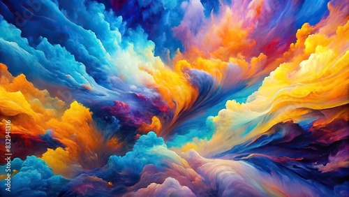 Vibrant abstract painting with blue, orange, purple, and yellow hues