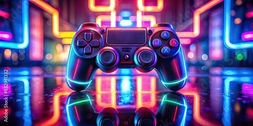 Neon video game controller with blurred background, perfect for gaming and technology concepts