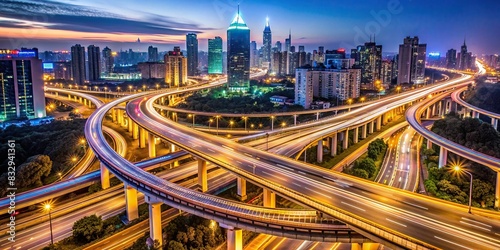 An impressive photo of busy highway interchanges illuminated by night lights, depicting the vibrant movement of urban traffic in a bustling city