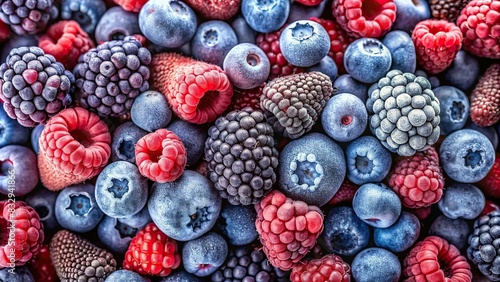 Closeup shot of mixed frozen berries including blueberries and raspberries, a top view of natural organic vegan raw food ingredient