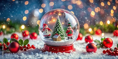 Snow globe with charming Christmas scene on icy ground surrounded by vibrant red baubles