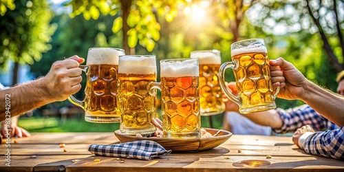 Beer steins raised in a toast at a beer garden table