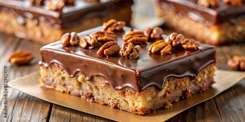 Close-up of a decadent slice of Texas sheet cake on a plate, with a rich chocolate glaze and chopped pecans sprinkled on top