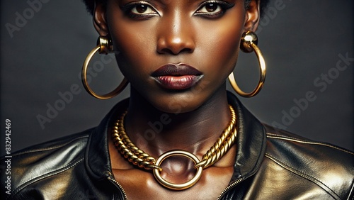 Close up of black leather outfit with gold hoop earrings and necklace ornament, dark skin