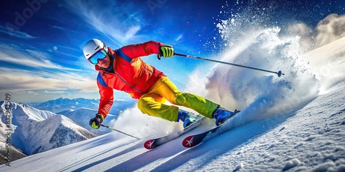 Vibrant skier carving down snowy slope