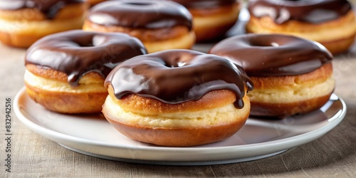 Close-up shot of Boston cream donuts on a white plate