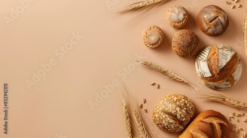 Different bakery products on brown background