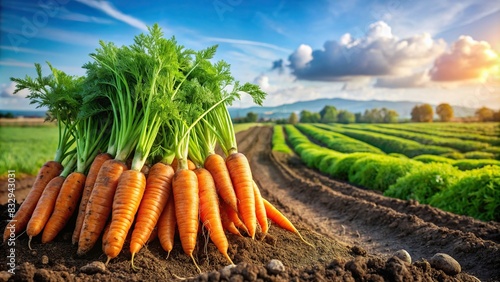 A verdant field filled with freshly harvested carrots, with fertile soil and vibrant greenery in the background