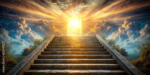 Stairway leading to gates of Paradise with heavenly light shining down