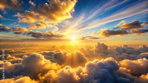 Soft clouds floating in the open sky illuminated by warm golden sunlight