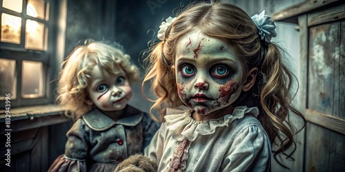 Eerie zombie and haunted doll in a ghostly encounter