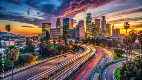 Hyperlapse timelapse of downtown LA skyline transitioning from sunset to night over freeway traffic