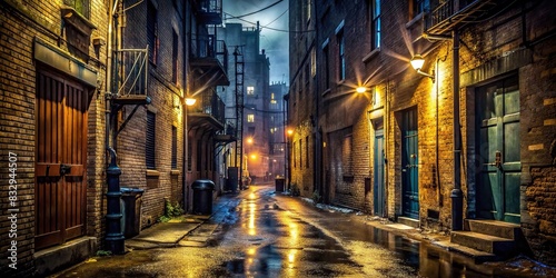 Dark and atmospheric urban back alley at night, featuring weathered architecture, flickering lights, and a soggy street