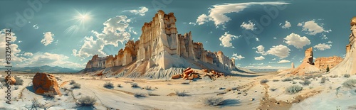 A panoramic view of a nature butte, the rugged landscape and unique rock formations creating a dramatic scene