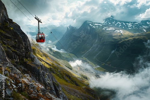 A cable car climbing a steep mountainside with breathtaking views of the valley below