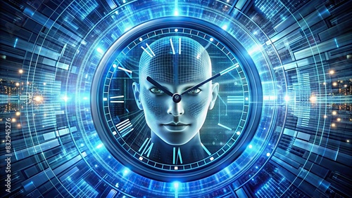 Futuristic digital time clock hand and face with abstract technology background