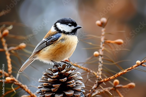 A Carolina chickadee perched on a pine cone, meticulously searching for seeds. Capture the tiny bird's focused attention and the details of the pinecone.