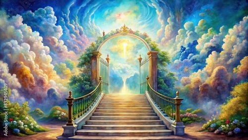 of a majestic stairway to heaven in glory and gates of Paradise, symbolizing Christianity and meeting God, painted with vibrant watercolors