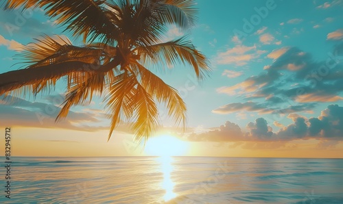 experience a tropical paradise with swaying palm tree and glistening turquoise water and golden sun rays, Generative AI