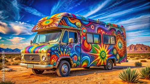 Psychedelic hippie camper van in the desert with vibrant colors and surreal design