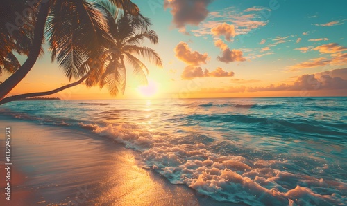 experience a tropical paradise with swaying palm tree and glistening turquoise water and golden sun rays, Generative AI