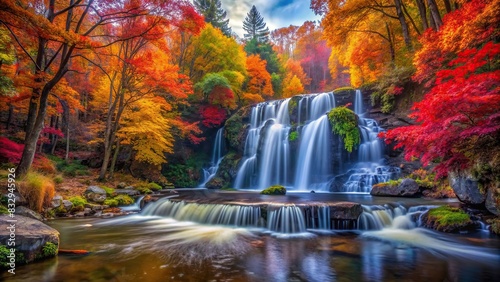 Enchanting time-lapse of a vibrant forest waterfall surrounded by colorful trees