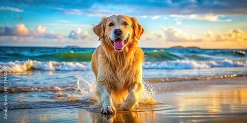 Colorful 4K photo of a happy Golden Retriever playing on the beach