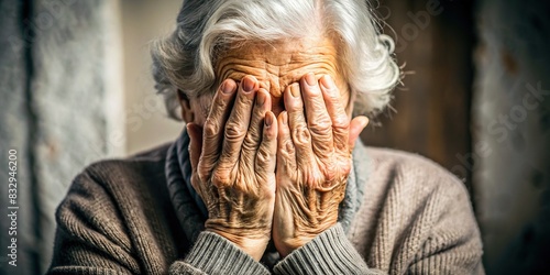 Lonely elderly woman covering her face with hands