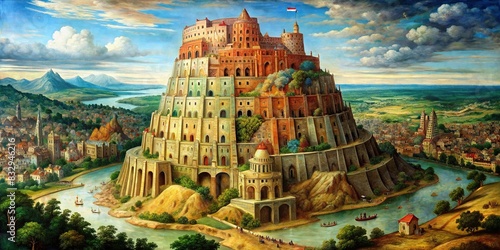 Renaissance painting style depicting the tower of Babel with intricate details and vibrant colors