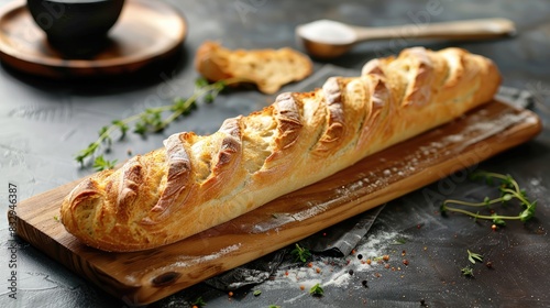 Freshly baked French baguette made at home Culinary background