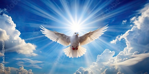 A symbolic representation of the Saint Spirit with a white dove in a heavenly atmosphere of sun rays and clear blue sky