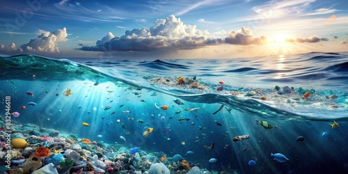 Background of ocean water filled with microplastic particles, illustrating the environmental pollution issue