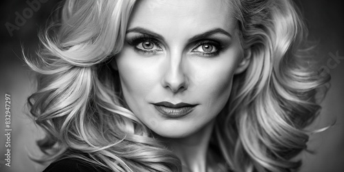 Romantic and glamorous black and white portrait of a blonde woman in her forties with beautiful eyes and charm